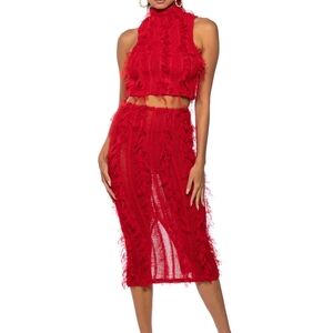 AKIRA Vibrant Red Mesh Midi Skirt